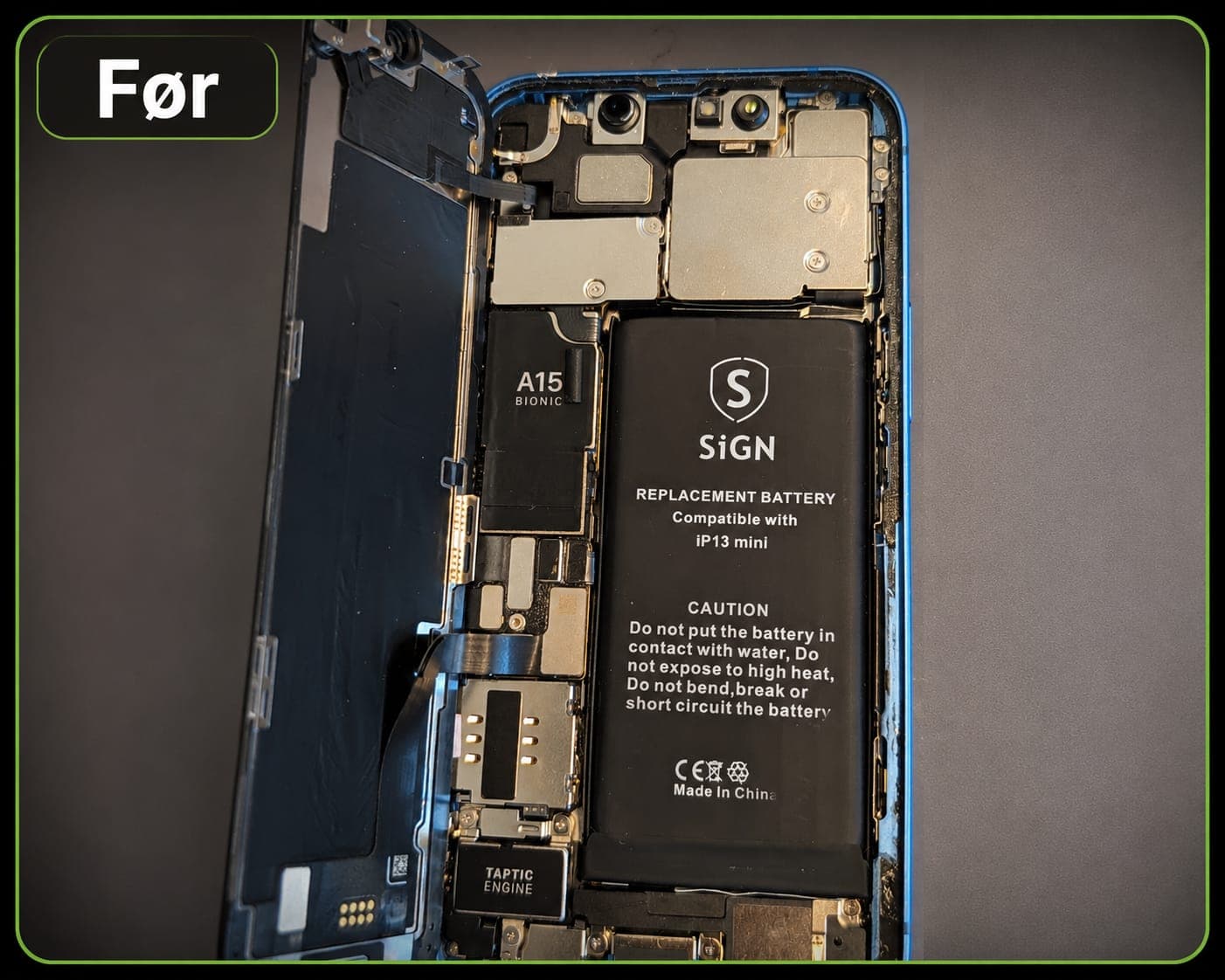 Før: iPhone 13 mini – Batteribytte fra uoriginal til original batteri